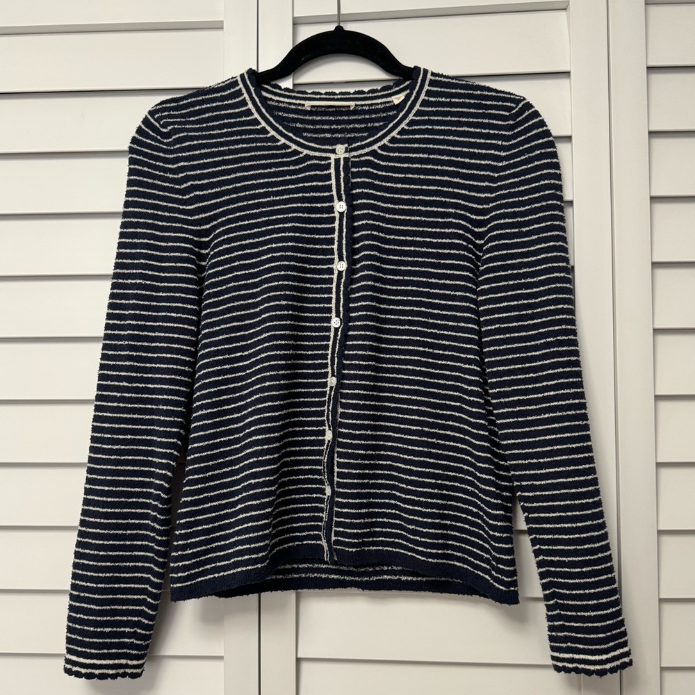 DOEN Navy and White Striped Button Down Cardigan Size M